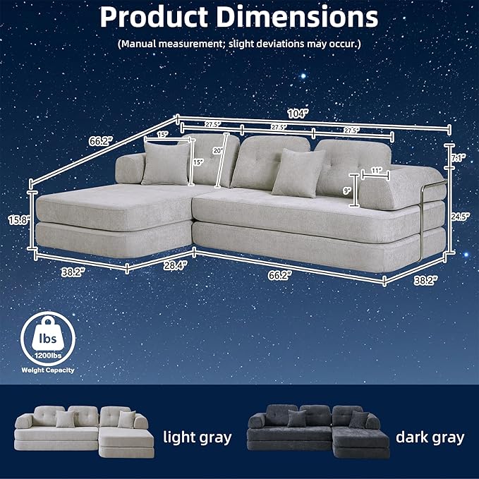 104 Modular Sectional Sofa 8-in-1 Convertible Sleeper Couch with Pet-Friendly Chenille Fabric High-Density Foam Floor Seating for Living Room Apartment (Light Gray)