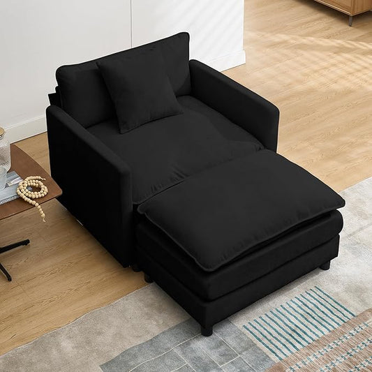 Oversized Chair with Ottoman Modern Chenille Upholstered Deep Seat Couch Armchair 40.16'' Comfy Chaise Lounge Indoor with Thick Cushion for Living Room (Black 40.16'' Single Seat Sofa &amp 1 Ottom