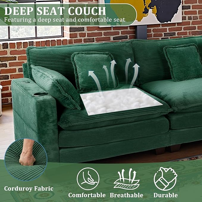 99 Modular Sectional SofaCouches for Living RoomModern Modular L-Shape Sofa with Ottoman &amp Side Pocket Cloud Sectional CouchCorduroy Oversized Sleeper Sofa with USB Port &amp Cup Holder (Gree
