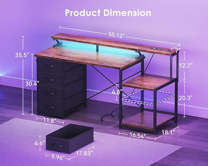 ODK 55 Inch Computer Desk with 4 Fabric Drawers &amp Power Outlets Home Office Desk with Monitor Stand &amp Shelves Brown