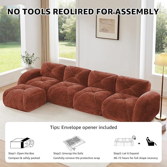 Red Loveseat Sectional Couches for Living Room Velvet Fabric Boneless Couch No Assembly Cloud Modular Sectional Sofa Love Seat with 1 Ottoman Foam Couch Compressed Sofa Set Sofas para Sala