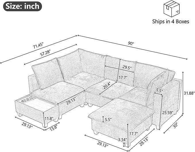 Harper &amp Bright Designs 90 U-Shaped Sectional Sofa Modular Sofa Couch with a Movable Ottoman a Coffee Table with Hidden Charging Devices for Living Room White