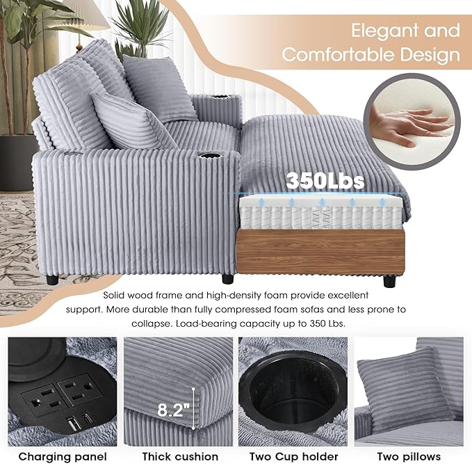 64 Chaise Lounge Indoor Oversized Chaise Lounge Chair with 2 PillowsUSB Charger Cup Holder Corduroy Sofa Bed Lazy Sleeper Couch Reading Chair for Apartment Grey