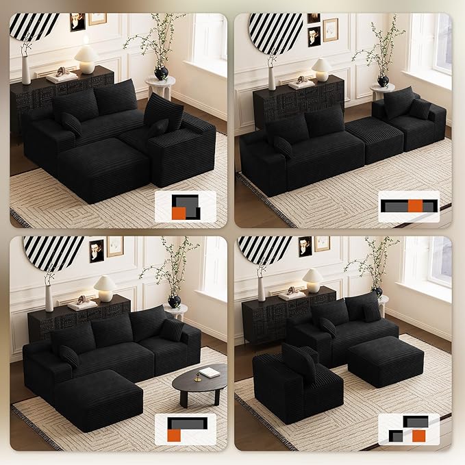 Modular Sectional Sofa Cloud Couch 108'' Comfy U Shaped Sectional Couches for Living Room Deep Seat Cozy Fluffy Corduroy Boneless Couch Sectionals Sofa with Movable Ottomanm Black