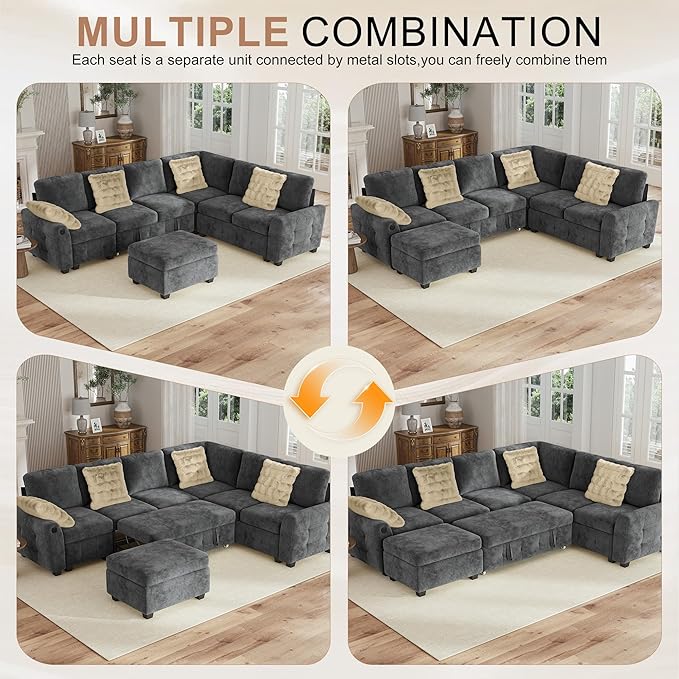 Hanherry Sectional Couch with Pull Out Sofa BedChenille Sleeper Sofa with Storage Ottoman &amp USB ChargingComfy L Shaped Modular Couches for Living RoomApartment