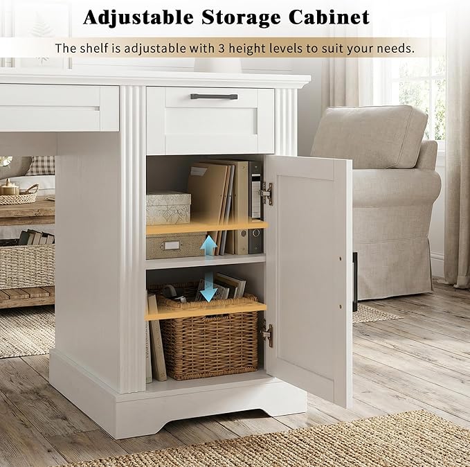 RiteSune 55 Farmhouse Computer Desk with Power Outlets Removable Monitor Stand with Drawers Keyboard Tray &amp Storage Cabinet Home Office Writing Desk with Pegboard Organizer