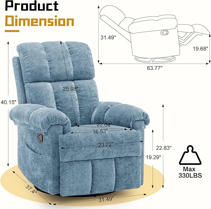 Recliner Chair Swivel Rocker Recliner Chair for Adults Small Recliners for Small Spaces Manual Recliner Chair with Side Pockets Nursery Rocking Chair for Living Room Chenille Airy Blue