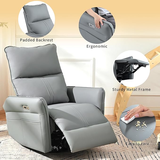 270° Power Swivel Rocker Recliner Chair for Adults – Electric Reclining Small Sofa Chair with Smooth Rocking &amp Rotation Comfortable Single Recliner for Living Room Bedroom (Blue+PU)