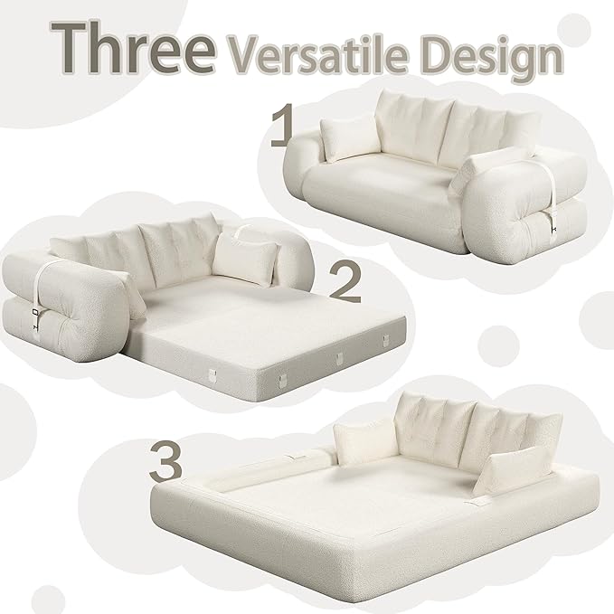 78.7 Convertible Sofa Bed 3-in-1 Folding Floor Couch with 4 Pillows Sleeper Sofa for Living Room and Guest Bed No Assembly Required (Beige Teddy Fabric)