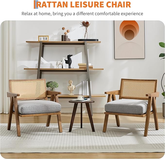 GarveeHome Mid-Century Farmhouse Accent Chair - Wood Armchair with Rattan Backrest &amp Linen Cushion for Living Room Bedroom - Gray Easy Assembly(2 Pcs)