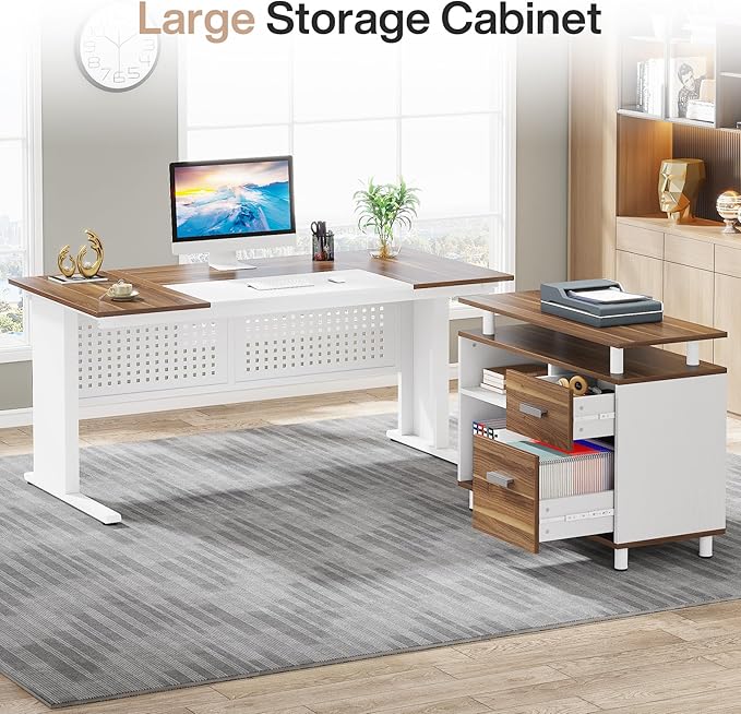 Tribesigns 63 Inch Executive Desk with File Cabinet L Shaped Office Desk with Drawers and Storage Shelves Business Furniture Set Workstation for Home Office White and Walnut