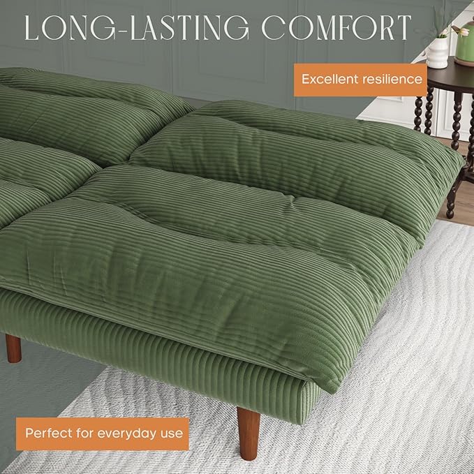 LLappuil Futon Sofa Bed 69 inch Futon Couch with Adjustable Backrest Corduroy Convertible Sleeper Sofa Bed Folding Sleeper Recliner Loveseat for Apartment Living Room Office (Green)