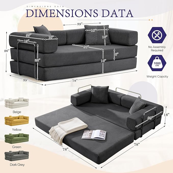 Convertible Folding Sofa Bed Corduroy Sleeper Mattress Couch with Fixed-Shape Frame Free Combination Loveseat Lounge Floor Sofa Queen Size Memory Foam Couch for Living Room Bedroom Dark Grey
