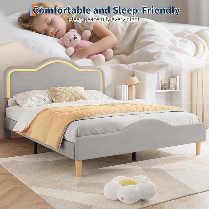 IDEALHOUSE Queen Size Bed Frame with LED Lights Velvet Upholstered Platform Bed with Adjustable Headboard for Kids/Girls Wooden Slats Support No Box Spring Needed Gray