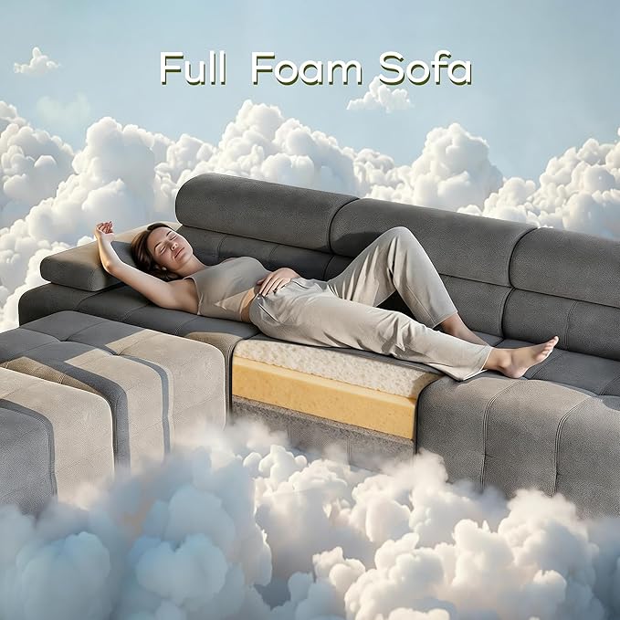 STHOUYN 134 Boneless Couch with Ottoman &amp Higher Backrest Modular Sectional Sofa for Living Room Corner Cloud U Shaped Couch (Grey 134 Inches)