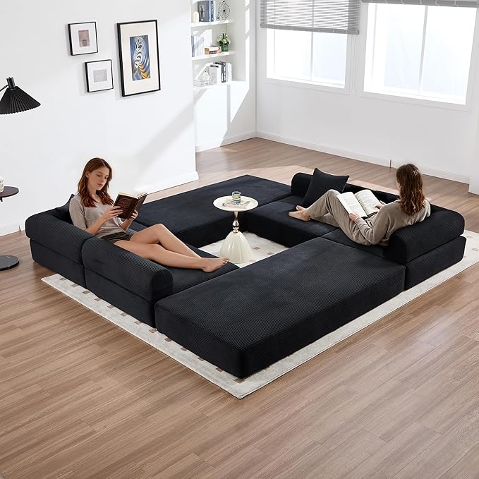 10-in-1 Folding Convertible Sofa Bed 141 Inch Boneless Couch with Fixed-Shape Frame Corduroy Modular Sectional Sofa Mattress Sleeper Sofa Floor Sofa Futon Couch for Living Room (Black)