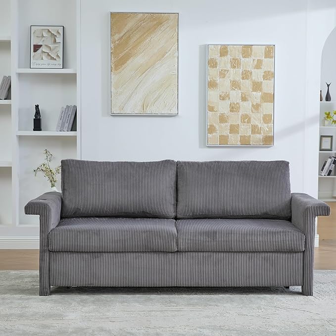 Full Size Sleeper Sofa Bed Pull Out Couch with Queen Size Memory Foam Mattress 2-in-1 Convertible Corduroy Loveseat Sleeper for Small Apartment USB Charging (Gray)