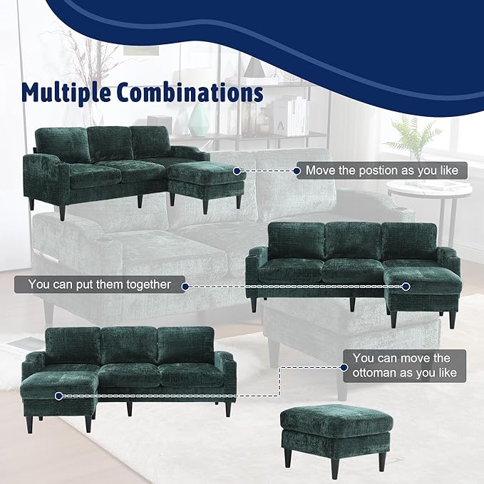 3 Seater Sectional Couch L Shaped Modular Couch with Solid Wood Frame Small Sofa with Storage Ottoman &amp Cup Holder &amp Side Pocket for Apartment Game Room Dormitory Room (Emerald)