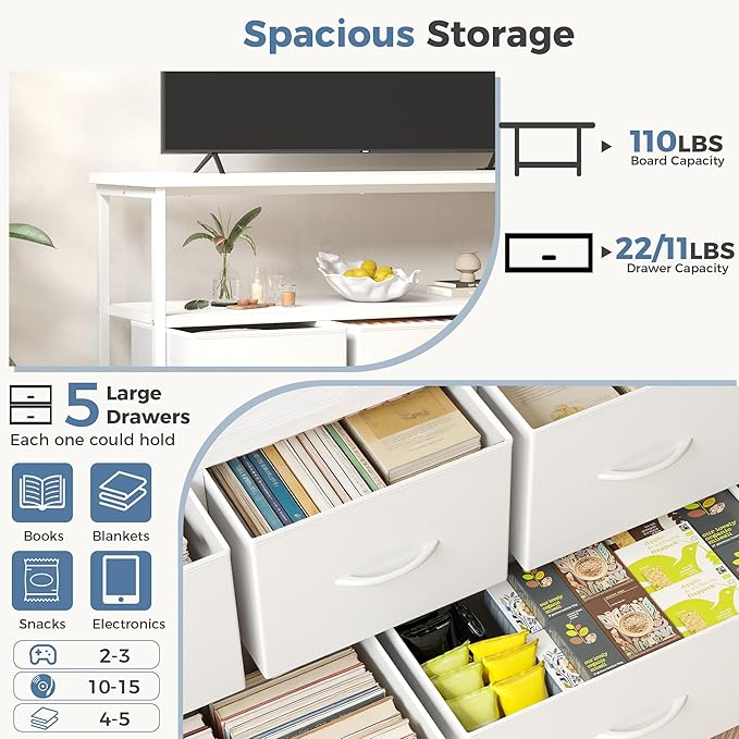 DUMOS TV Stand Dresser with 5 Fabric Storage Drawers Media Console Featuring Open Shelf Fabric Storage Cabinet with Charging Station Compact Entertainment Unit for Bedroom Living Room White