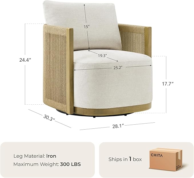 CHITA Braid Swivel Accent Chairs Modern Comfy FSC Certified Armchair with Paper Cord &amp Wood Frame for Living Room and Bedroom Fully Assembled - Linen