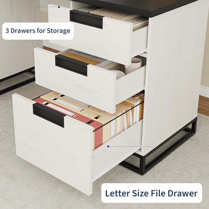 IDEALHOUSE Farmhouse Executive Desk 59 Computer Desk White Home Office Desks with File Drawer and Storage Cabinet Wood Writing Desks for Home Office Bedroom White+Black
