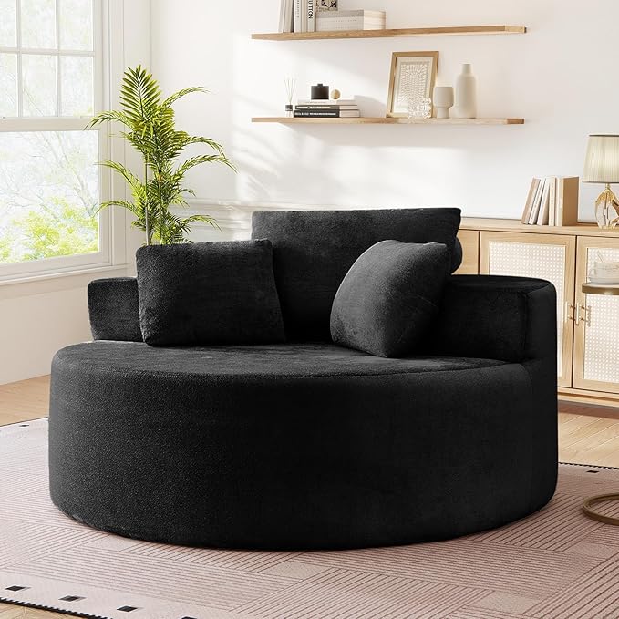 Modern Round Accent Sofa Chair for Living Room Upholstered Soft Terrycloth Barrel Lounge Arm Chair with Large seat&ampThrow Pillows for Bedroom Office Apartment Black