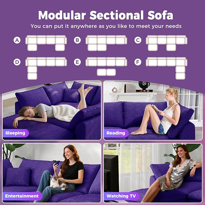 137 Inch Modular Sectional Sleeper Sofa Boneless Cloud Couch for Living Room U Shaped Sofa Free Combination No Assembly Required (Purple 137 inch - U Shape 6 Seat)