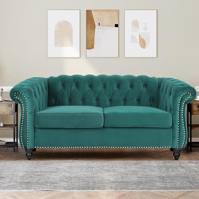 Chesterfield Loveseat Sofa Modern Velvet Small Sofa Couch 2 Seater with Rolled Arms and Nailhead Mid Century Modern Loveseat Couch for Small Spaces Living Room Bedroom Apartment Green