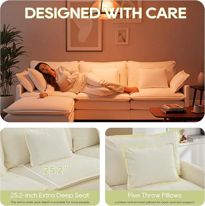 113 Chenille Modular Sectional Sofa Convertible L Shaped Modular Sofa Comfy Cloud Couch with Ottoman Side Pockets and 5 Throw Pillows for Living Room (Beige 113'' - 4 Seat)