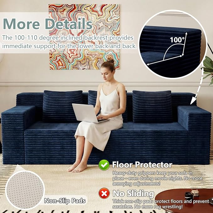 71 Cloud Loveseat SofaBoneless Deep Seat 2-Seater with 3 Pillows&ampSide PocketNo Assembly Foam Floor CouchPlush Corduroy FabricModern Living Room Sofa for Small Space Apartment(Flat HandrailBl