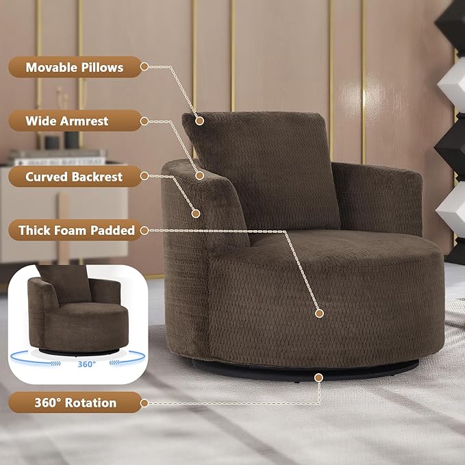mikibama 39.4 W Swivel Round Chair Oversized Upholstered Sofa 360 Degree Swivel Barrel Chair Corduroy Comfy Deep Seat Sofa Chair for Living Room Bedroom Apartment