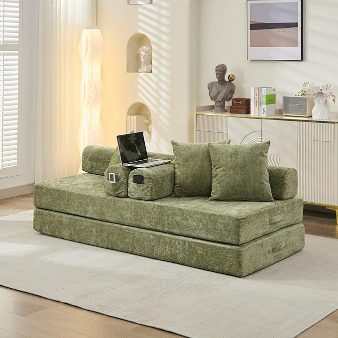 Convertible Folding Sofa Bed Modular Floor Couch 78.8‘’ Cloud Sleeper Sofa with Removable Backrest Chenille Foldable Mattress Couch Lazy Loveseat for Small Space Apartment Bedroom Green