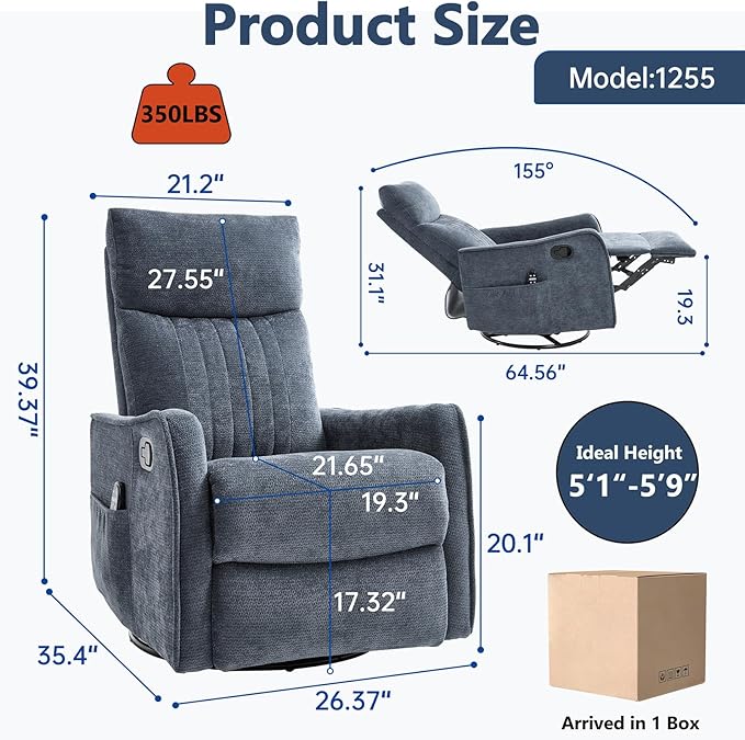 Massage Recliner Chair with Heat Slim Recliners for for Adults Swivel Rocking Chair Recliner with High Back Small Recliner Chair for Small Spaces Living Room Adjustable Footrest (Blue 2)