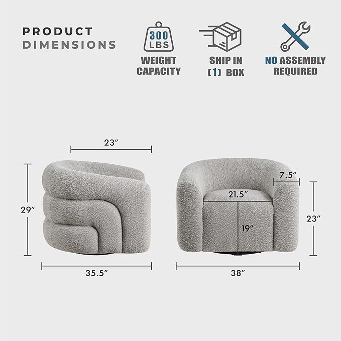 Lexicon Modern Swivel Accent Chair Cozy Boucle Arm Chair with Plush Curved Back Soft Stitching Cushions for Living Room/Bedroom/Office Fully Assembled Gray