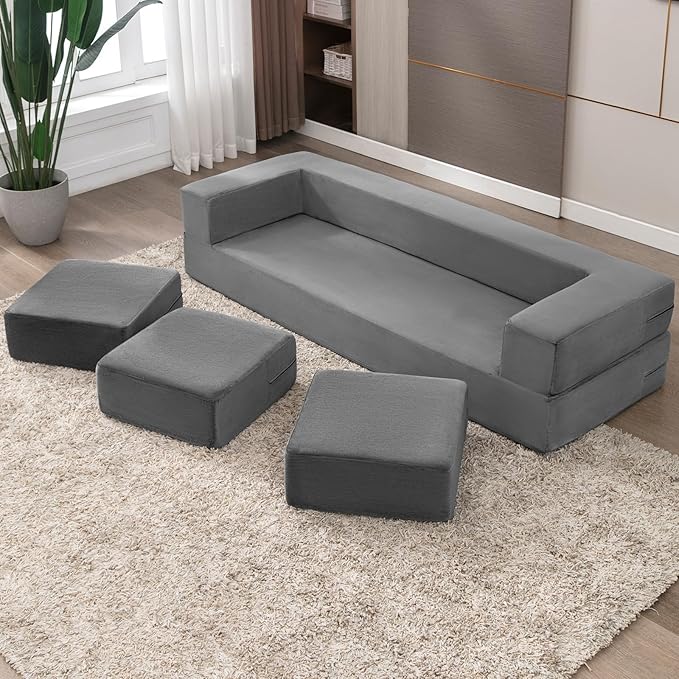 CECER 80 Convertible Floor Sofa BedFolding Sofa Bed with 3 OttomansVelvet Modular Sectional Futon SleeperFoldable Memory Foam Couch for Living Room/Guest Room/Playroom（Light Grey）
