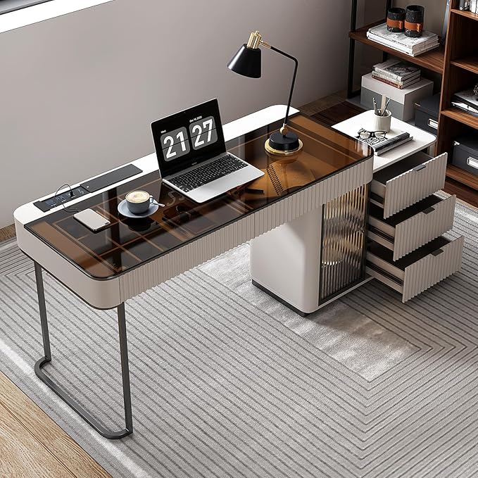 Lartis Office Desk Very Easy to Assemble Computer Desk Home Telescopic Writing Desk Modern Computer Desk with Retractable Cabinet Built-in LED Lights (Ivory 50 in)