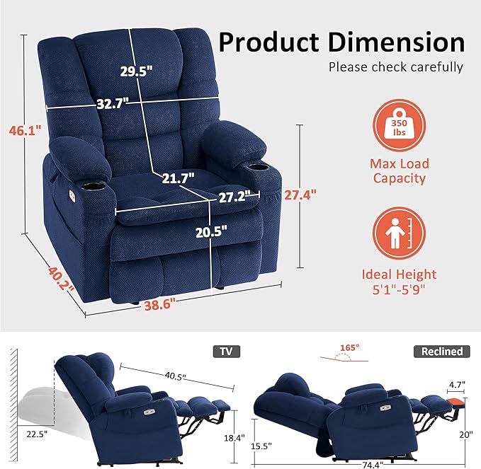 MCombo Large Triple Motor Power Lift Recliner Chair with Massage and Dual Heating Adjustable Headrest for Big and Tall Elderly People Fabric R7524 (Navy Blue Medium-Oversize)