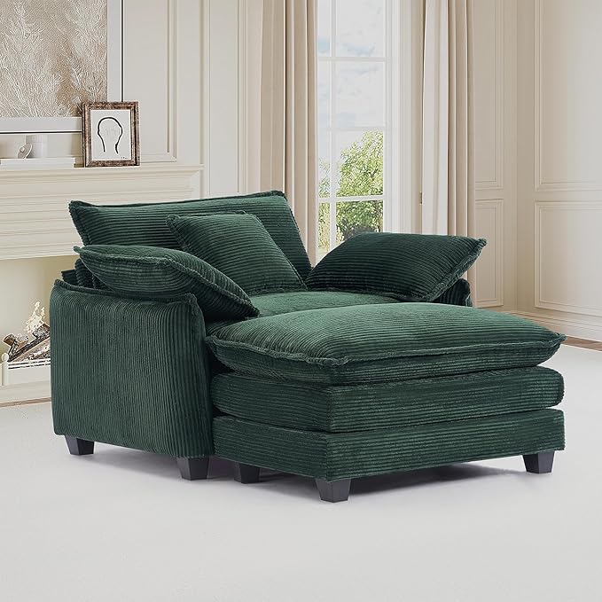 Oversized Chair with Ottoman Modern Corduroy Sofa Bed Single Sofa Chaise Large Upholstered Sofa for Living Room Bedroom (Green)