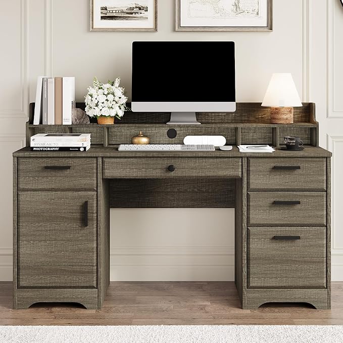 58 Inch Executive Desk with File Drawers Computer Desk with Storage Rustic Desk with Adjustable Shelves Office Desk with Hutch for Bedroom Grey