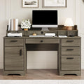 58 Inch Executive Desk with File Drawers Computer Desk with Storage Rustic Desk with Adjustable Shelves Office Desk with Hutch for Bedroom Grey