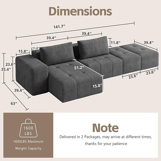 wanan 141 Boneless Couch for Living Room Oversize Cloud Sectional Sofa with Deep Seat L Shaped Modern Cloud Sleeper Sofa Bed with Chaise Dark Grey