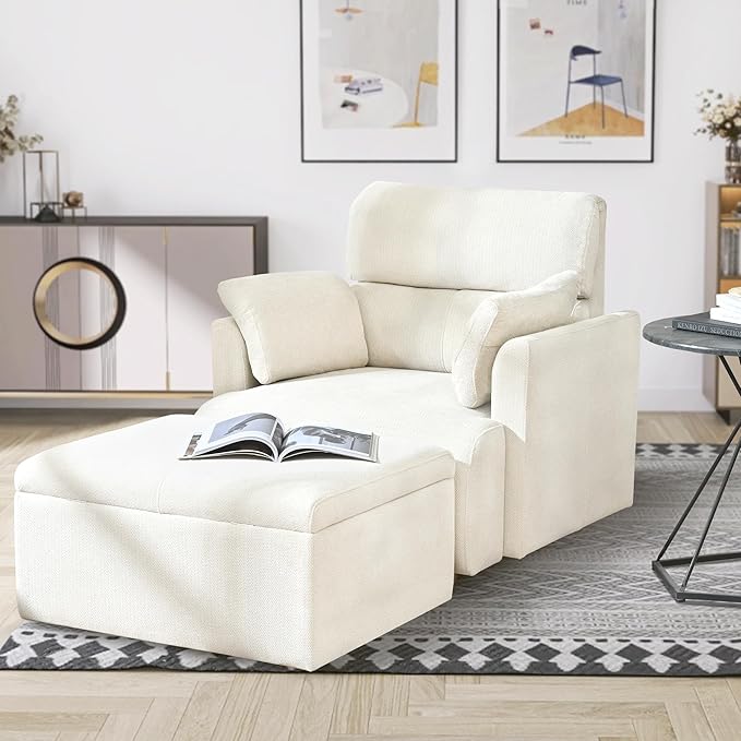 Snowflake Fleece Oversized Accent Chair with Storage Ottoman - 26.57 Wide Deep Seat Reading Chair Convertible Daybed 400lbs Capacity for Living Room &amp Apartment (Beige)