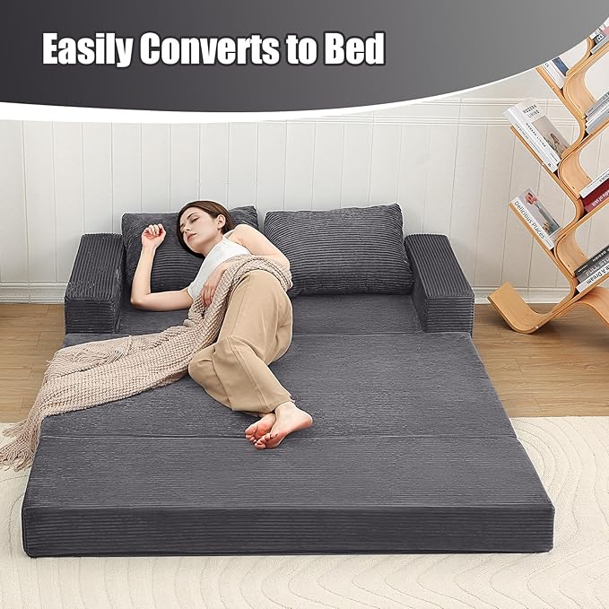 COMAX Convertible Sofa Bed Queen Corduroy Folding Floor Couch Pull Out Couch Bed Futon Sleeper with Pillows Fold Out Boneless Sofa Comfy Lounge Mattress Loveseat for Living Room Bedroom Grey
