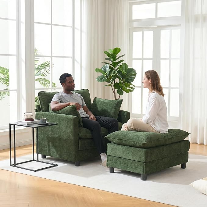 39.4 Oversized Modern Accent Chair with Ottoman Chenille Upholstered Club Chair for Living Room &amp Bedroom Reading Chair 350 lbs Weight Capacity (Green 1 Seat)