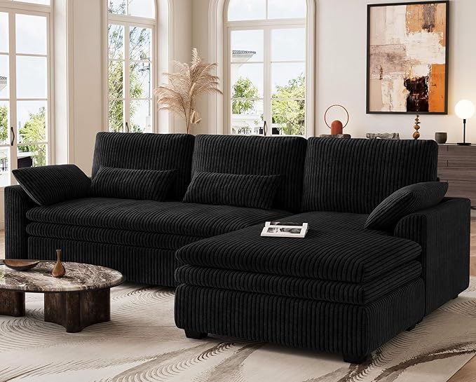 Belffin Large Modular Sectional Sofa with Deep Chaise 104 Corduroy L Shaped Couch with 9 Soft Dual-Layer Seats Cushion for Living Room Apartment Black