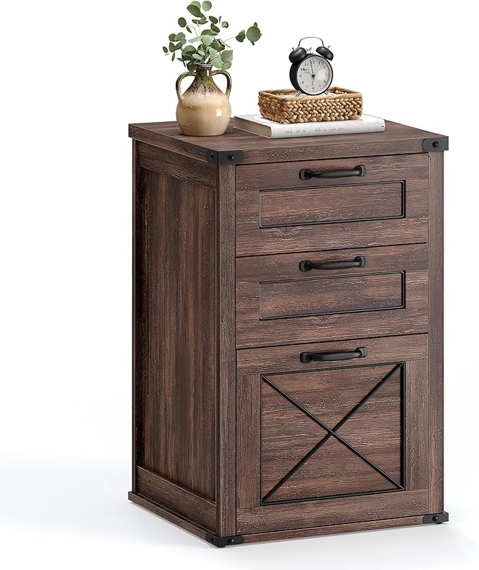 VASAGLE File Cabinet Filing Cabinet with 3 Drawers Printer Stand Fit A4 Letter Size Hanging File Folders Modern Farmhouse Style for Home Office Maroon Brown UOFC054K02