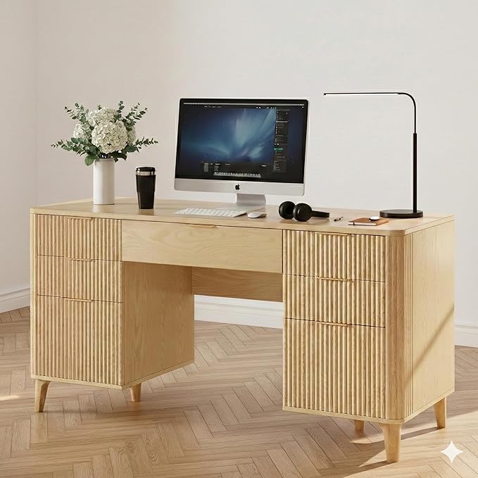 Wooden Desk with Drawers 55 Fluted Executive Desk with Storage Cabinet Wood Home Office Desk with File Cabinet Modern Computer Writing Desk for Study Living Room Bedroom