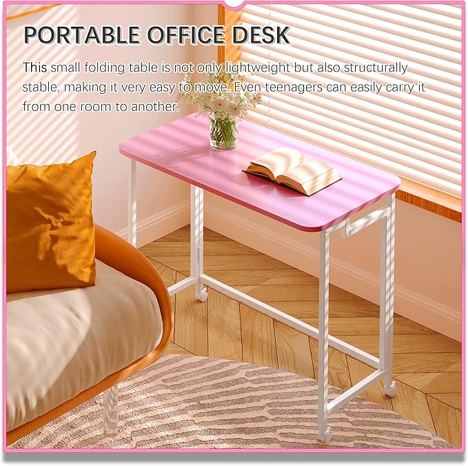 4NM 27.5 Mobile Small Rolling Computer Desk Folding Laptop Cart Table with Wheels Portable Office Desk for Small Space Couch Bed - Pink and White