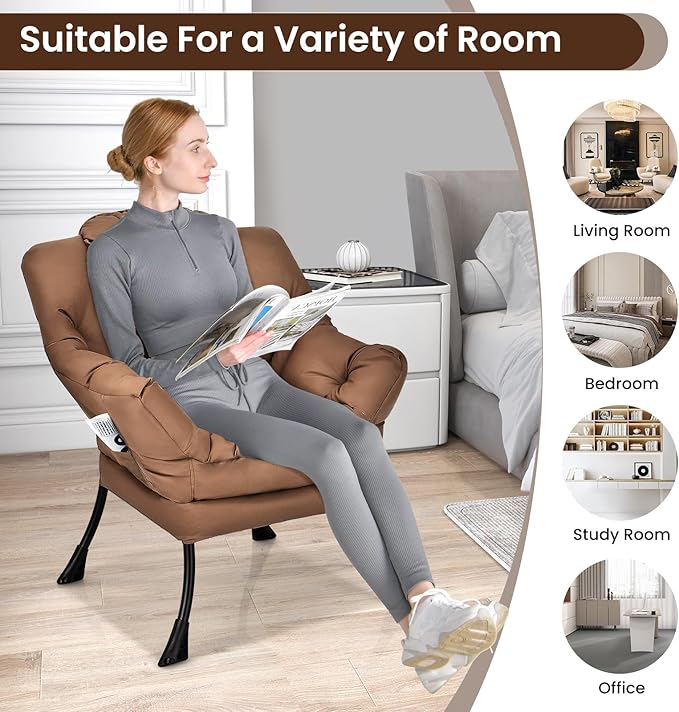 GORELAX Modern Lazy ChairUpholstered Lounge Accent Chair Single Leisure Sofa Chair with Armrests &amp Side Pocket Comfy Reading Chair for Bedroom Living Room Dorm Room (Brown)