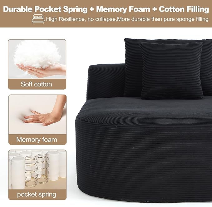 Boneless CouchComfy Fluffy Sofa BedUpholstered Sleeper Sofa with Throw Pillows and ArmrestsCorduroy Plush Cloud Lounge Chair (Black 67 Boneless Couch)